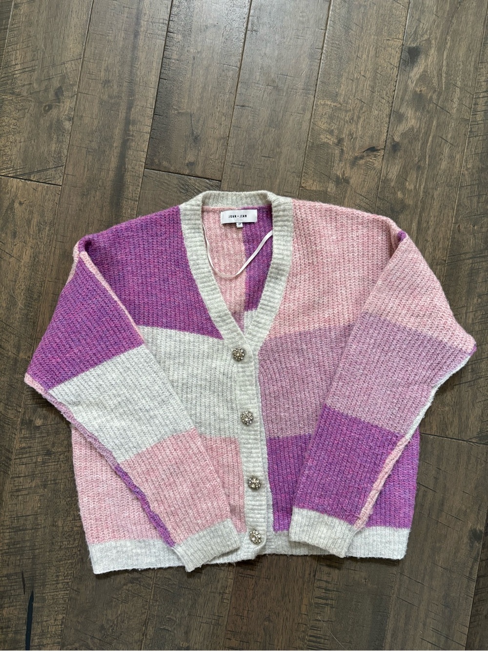 John + Jenn Pink, Purple & grey Colorblock V-Neck Button Cardigan
